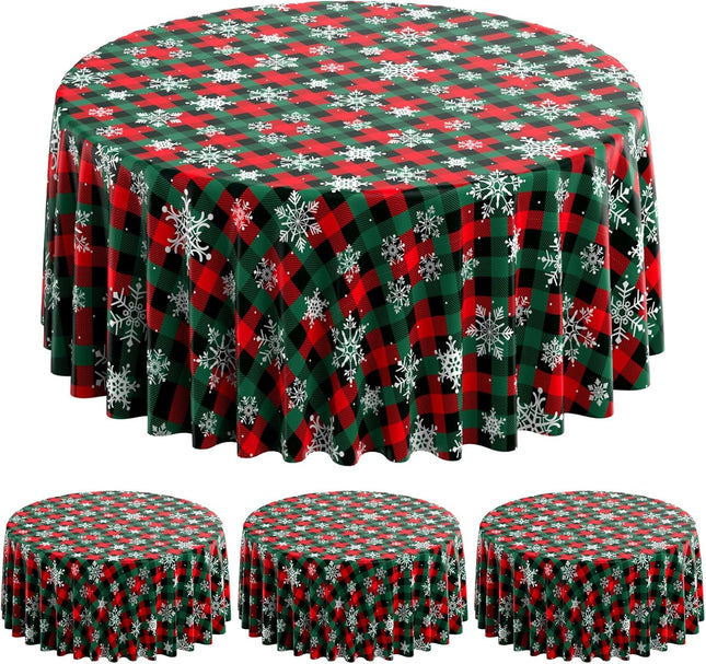 3pcs Buffalo Plaid Christmas Tablecloths – Red/Green Snowflake Round Covers 84"