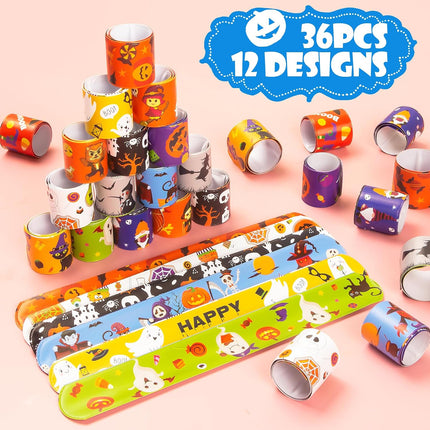 36-Piece Halloween Slap Bracelets, 12 Styles Colorful Kids Party Favor Wristbands