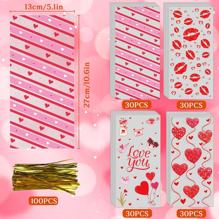 120 PCS Valentine’s Gift Bags: Heart Kiss Cellophane Candy Treat Bags for Kids