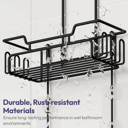 Black Stainless Steel Hanging Shower Caddy 2-Tier Rack with 14 Hooks and Soap Dish