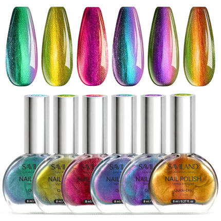 6-Color Chameleon Nail Polish Set, Holographic Color-Shifting Metallic Lacquer, Quick-Dry