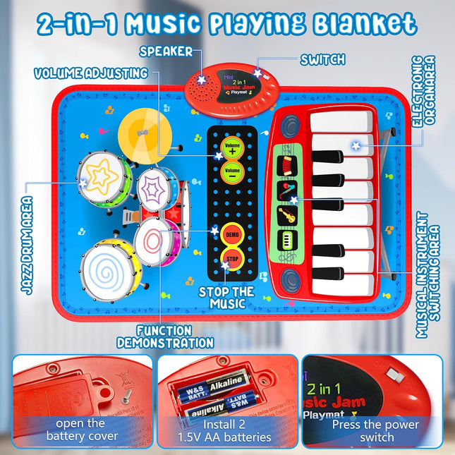 2-in-1 Musical Mat – Piano & Drum Set with Sticks for Kids 1–5 Years