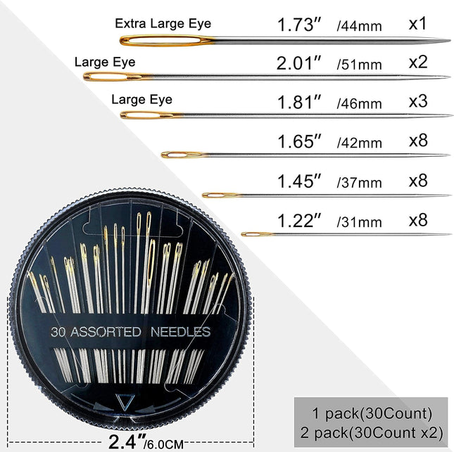 60 Pack Hand Sewing Needles Set, 6 Assorted Sizes with Large Eye Needles and Threaders