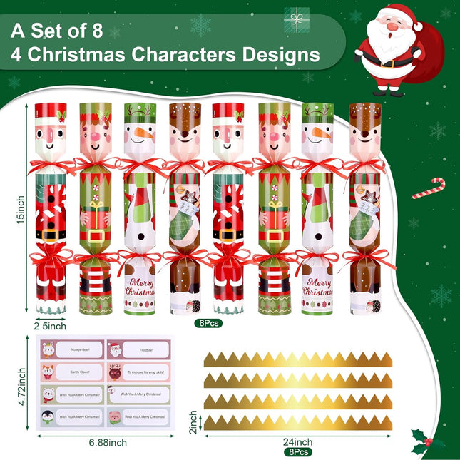 8 Pack Christmas Crackers – 15x2.5in Non-Snap Party Favors with Characters