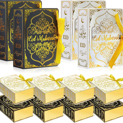 12 Pcs Ramadan Eid Mubarak Favor Boxes – Square Candy Boxes with Golden Ribbon