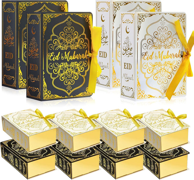 12 Pcs Ramadan Eid Mubarak Favor Boxes – Square Candy Boxes with Golden Ribbon
