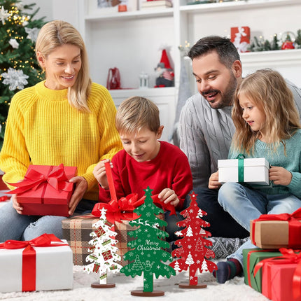 Wooden Christmas Tree Tabletop Signs – 3-Pc Double-Sided Holiday Decor Set