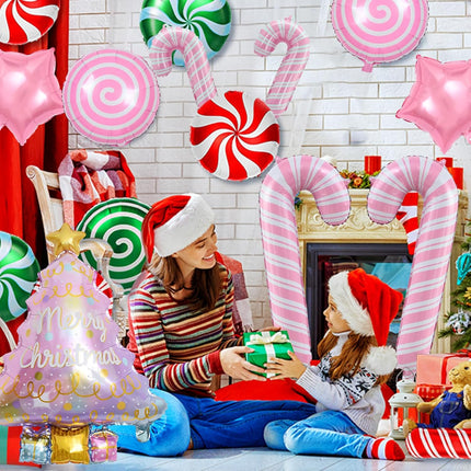 9PCS Pink Christmas Balloons – Tree & Candy Cane Foil Balloons for Party