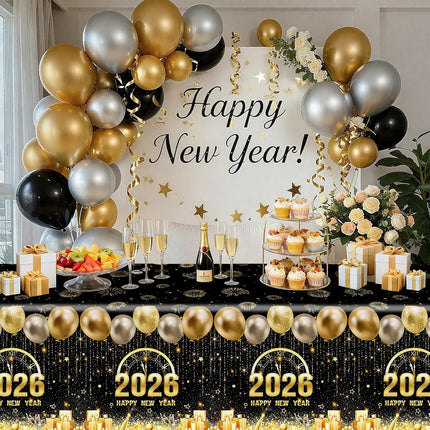New Year 2026 Party Table Covers – 3-Pc Black & Gold Fireworks Tablecloths