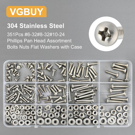 351Pcs Machine Screws, Nuts & Bolts Assortment Kit – #6-32, #8-32, #10-24, Stainless Steel