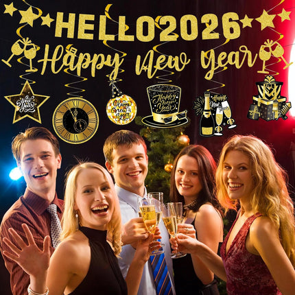 Happy New Year Banner Goodbye 2025 Hello 2026 Gold Glitter Party Decor