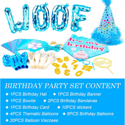 Dog Birthday Party Supplies – Adjustable Bandana, Hat, Banner, Bow Tie & Balloons