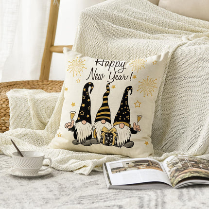 Happy New Year Fireworks Gnome Cushion Cover 18x18" Sofa Couch Decor