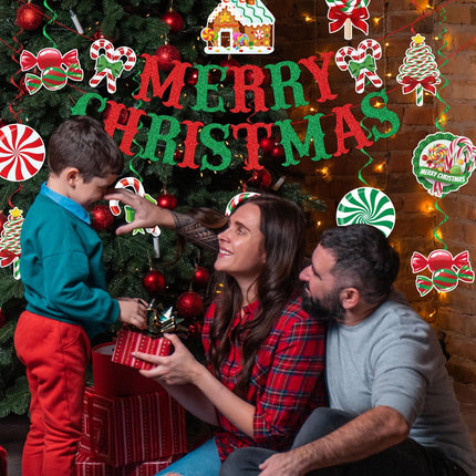 Merry Christmas Candy Banner Set Peppermint Decorations with Hanging Swirls