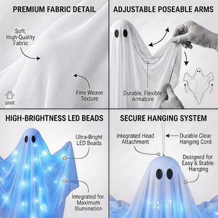 47in Light-Up Hanging Ghost Halloween Decor with LED Lights, Timer for Yard