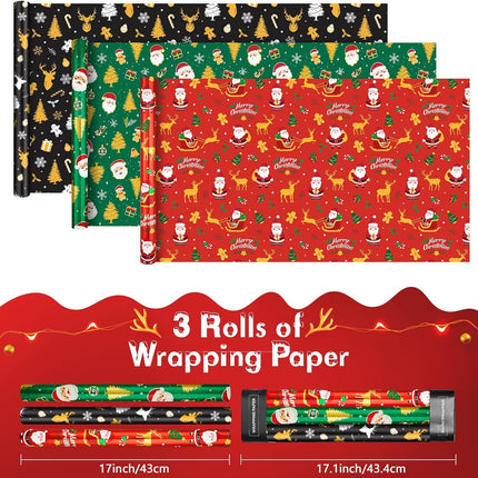 3 Rolls Kids Christmas Wrapping Paper – 17"x120" Santa Foil Gift Wrap