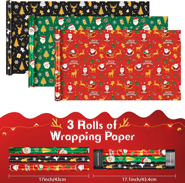 3 Rolls Kids Christmas Wrapping Paper – 17"x120" Santa Foil Gift Wrap