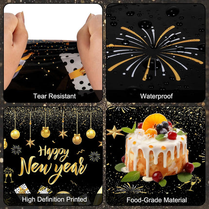 2 Pcs Happy New Year 2026 Tablecloth Black Gold Disposable Party Decor