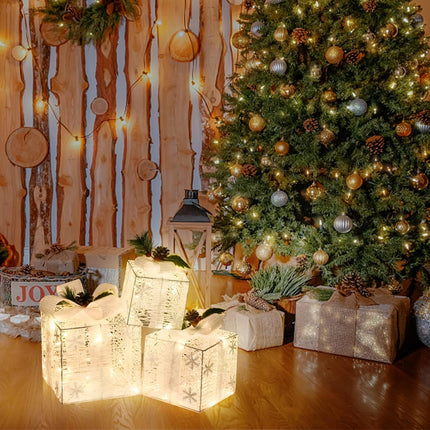 3 Pack Lighted Christmas Gift Boxes – Pre-lit Snowflake Ornament, Battery Operated