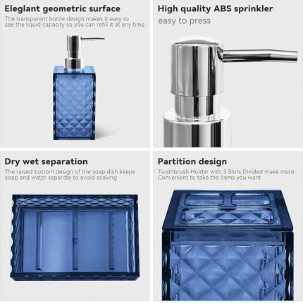 4-Piece Blue Plastic Bathroom Accessories Set Diamond Pattern Soap Dispenser Holder