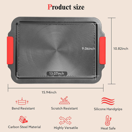 16x11in Nonstick Baking Sheet with Circle Grooves, Cookie Pan with Red Grips, Gray