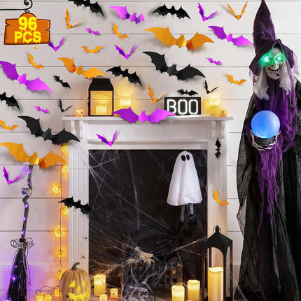 96PCS 3D Halloween Bat Stickers, Black Orange Purple, 5 Sizes, PVC Wall Decor