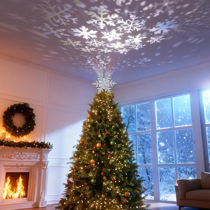 Christmas Tree Topper Silver Snowflake Projector, LED Rotating Snowflake Holiday Magic