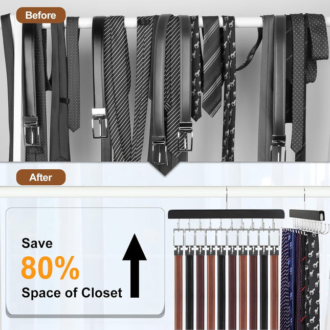 Wooden Belt & Tie Hanger – 2-in-1 Closet Organizer, 20 Hooks, 30 Items