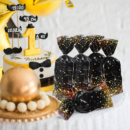 100-Piece Black & Gold Goody Bags – 10.8×5in Party Favor Bags with Ties