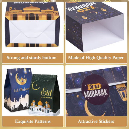 24PCS Eid Mubarak Treat Bags with Stickers 4 Patterns Ramadan Party Favors