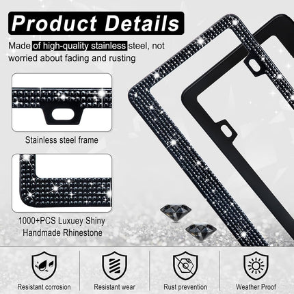 Bling License Plate Frame Women 2Pack Rhinestone Crystal Premium Stainless Steel