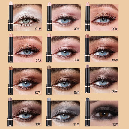 12-Color Shimmer Eyeshadow Stick Set, Waterproof Cream Eye Shadow Pens, Long-Lasting