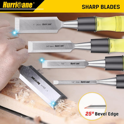 4-Piece Wood Chisel Set – CR-V Steel Blades with Safety Caps & PVC Handles