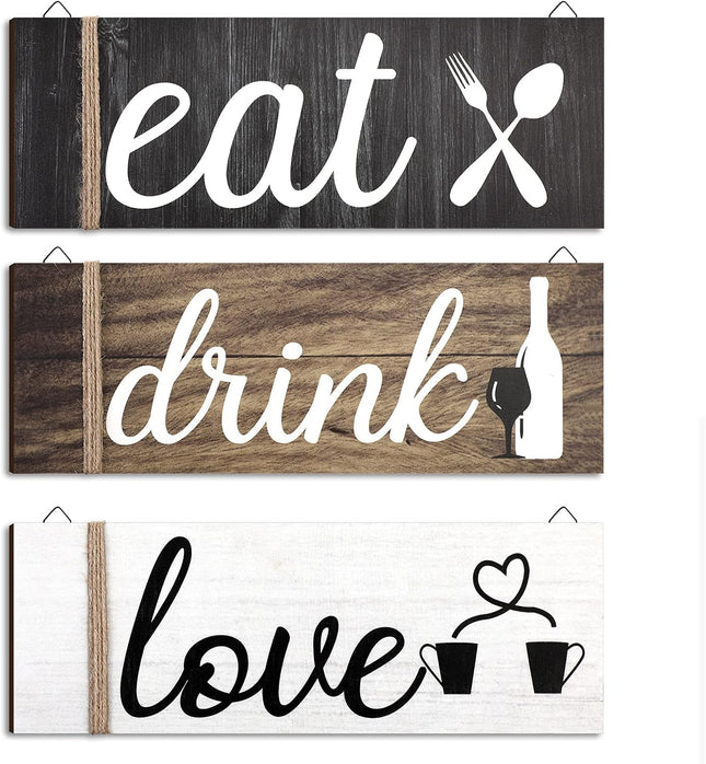 3-Piece Farmhouse Kitchen Wall Decor Set – Rustic Wooden "Eat Drink Love" Signs