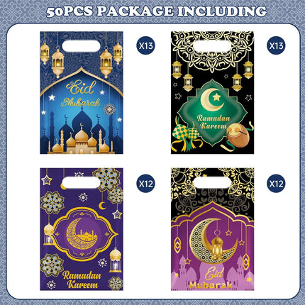 50 Pcs Ramadan Gift Bags with Handles – Eid Mubarak Party Favor Treat Bags, 4 Styles