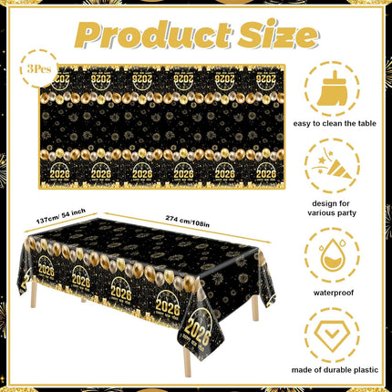 New Year 2026 Party Table Covers – 3-Pc Black & Gold Fireworks Tablecloths