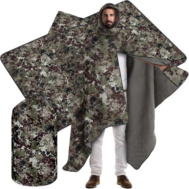Camo Woobie Blanket 55"x95", Waterproof Outdoor Hunting Blanket with Hood