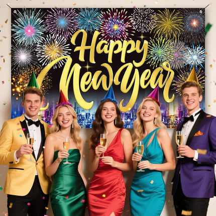 Happy New Year 2026 Banner – Fireworks Party Photo Booth Background