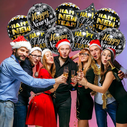 Happy New Year 2026 Balloon Kit – 9-Pc 18in Black & Gold Party Balloons