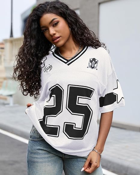 Womens Y2K Graphic Number Jersey Shirt, Oversized Mesh V-Neck Sports Streetwear Tee