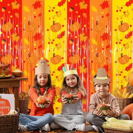 2-Pack Thanksgiving Fringe Curtains Red Orange Yellow Tinsel Party Backdrop Décor