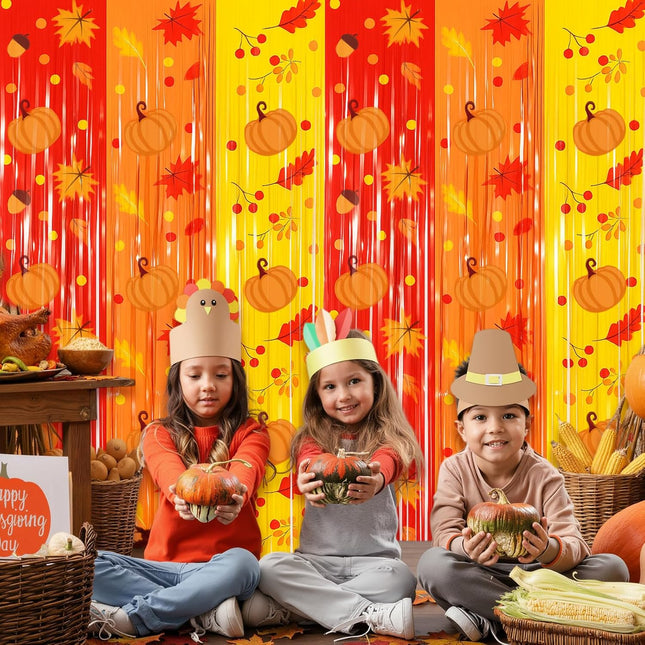 2-Pack Thanksgiving Fringe Curtains Red Orange Yellow Tinsel Party Backdrop Décor