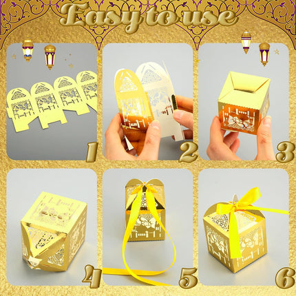 50 Pcs Ramadan Eid Mubarak Candy Boxes – Castle Design with Ribbons for Party Favors