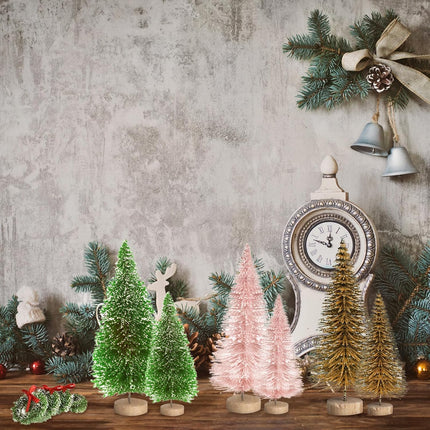8PCS Mini Christmas Trees – White Bottle Brush Tabletop Trees with Wood Base & Wreaths