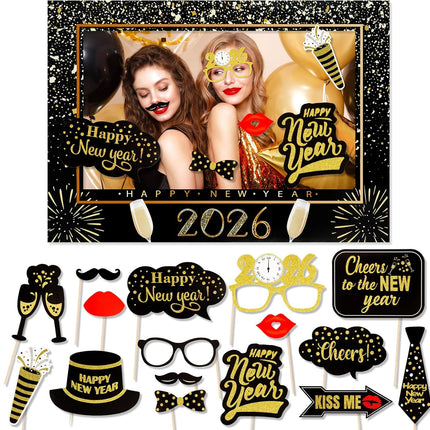 Happy New Year 2026 Photo Props with Frame – Gold Glitter NYE Party Kit