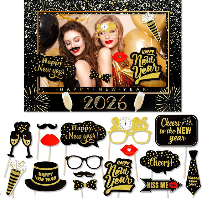 Happy New Year 2026 Photo Props with Frame – Gold Glitter NYE Party Kit