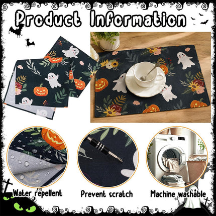 Halloween Table Runner Set, 4 Mats & 4 Gift Bags, Pumpkin Ghost Dining Table Decor