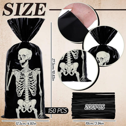 150PCS Halloween Cellophane Gift Bags with 200 Twist Ties, Skeleton Candy Treat Bags