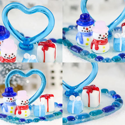 Christmas Snowman Figurine – Blue Blown Glass Ornament with Heart Base