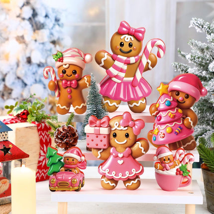 6-Piece 8-Inch Extra Large Christmas Gingerbread Man Decorations – Wooden 3D Figurines